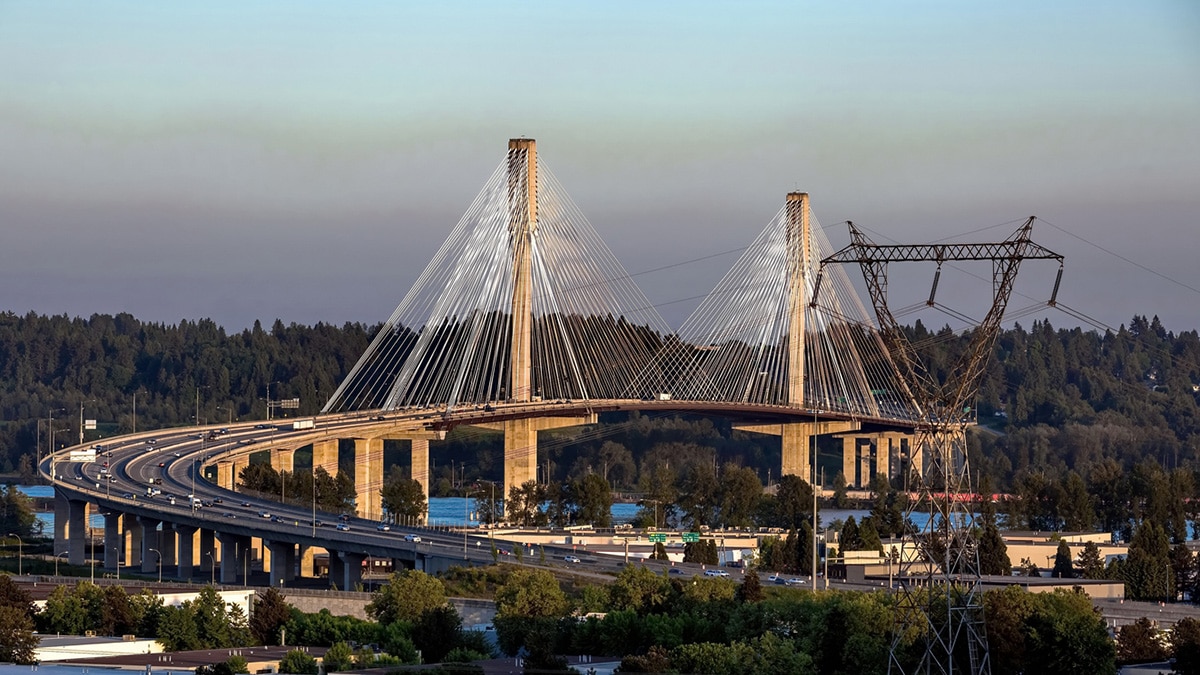 Port Mann Bridge over the Fraser River between Coquitlam city and Surrey city British Columbia