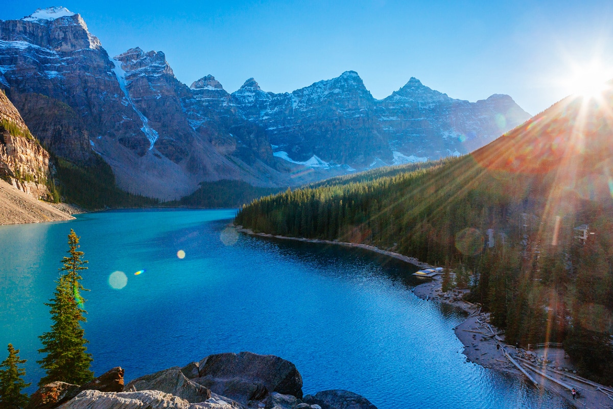 Sun shining over Banff National Park in Canada