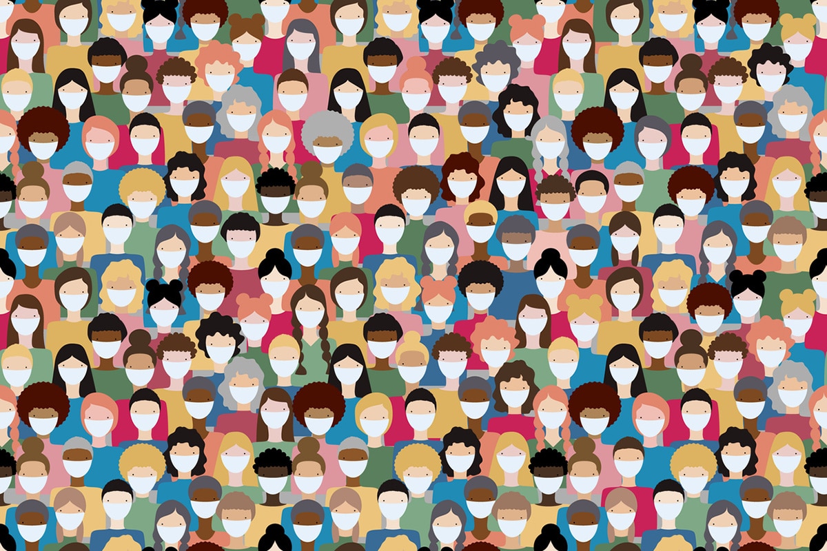 Illustration of group of people wearing COVID masks