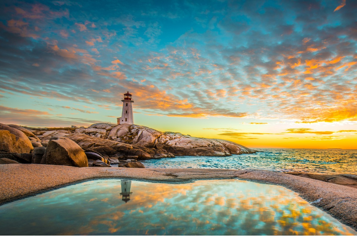 Lighthouse overlooking the ocean at sunset