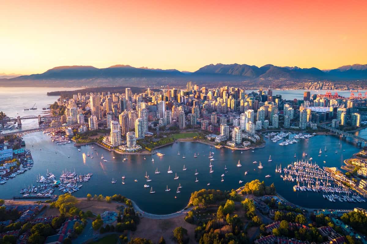 Beautiful aerial view of downtown Vancouver skyline, British Columbia, Canada at sunset