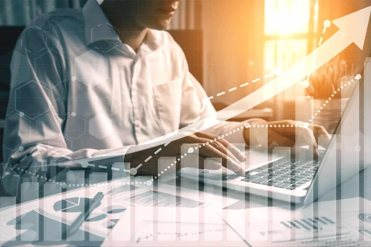 Double Exposure Image of Business and Finance - Businessman with report chart up forward to financial profit growth of stock market investment