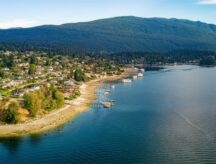A scenic view of the Indian Arm and mountains in North Vancouver, BC, Canada