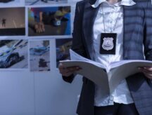 An officer looks over a document in a police precinct.