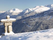 A view of the Canadian mountain range, with an indigenous sentry overlooking the view.