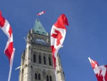 Canadian flags fly with Parliament Hill in the backdrop
