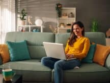 A woman sits on a couch, smiling at her laoptop.