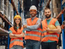 Three warehouse workers are posing for a photo