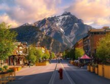 A colorful sunrise sky over a road leading through the town of Banff, with mountains standing erect in the back.
