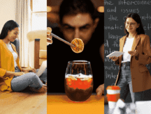A split image of three people preforming different summer jobs: gig work, bartending, and teaching