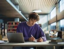 Student sits at desk in front of laptop in library, writing on notepad with a pen.