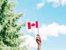 A woman's hand holding up a small Canadian flag against a blue, semi-cloudy sky and coniferous tree.