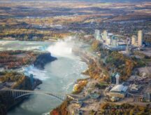 An overhead picture of Niagara Falls and the American-Canadian border.