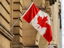 Canadian flag on government building in Ottawa downtown