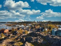 A coastal view of Yellowknife, the capital city of the Northwest Territories—with Great Slave Lake visible.