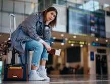 A young woman perched on her luggage, holding a passport and boarding ticket in her hand, with a look of disappointment on her face.