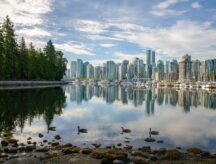 Cloud reflections and geese on the water with downtown Vancouver in the background