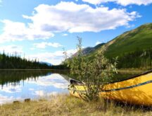 A yellow canoe resting on grass on the shore of the Nahanni River in Yellowknife on a sunny day.