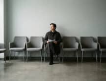 A man waits disappointedly for his citizenship interview in an empty waiting room, surrounded by empty chairs.