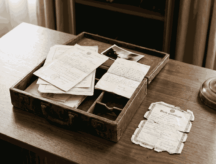 A box of old documents on a table, with a birth certificate laid out to the right